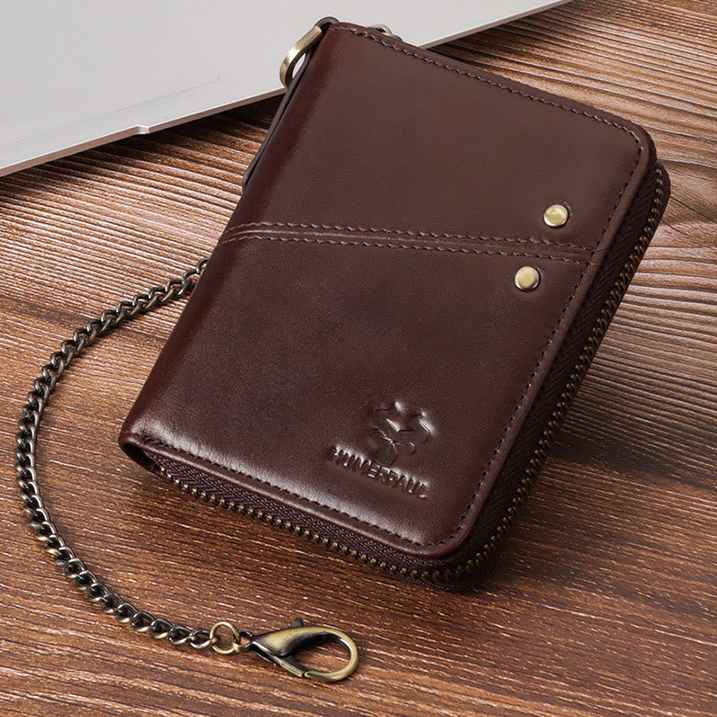 Unisex Trifold Zip Around Wallet RFID Blocking Leather Wallet with Chain