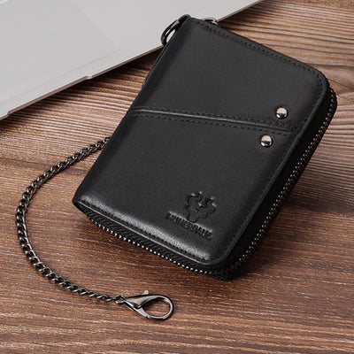 Unisex Trifold Zip Around Wallet RFID Blocking Leather Wallet with Chain