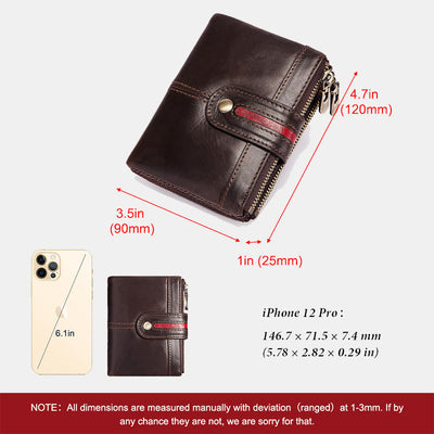 Bifold RFID Blocking Cow Leather Wallet with Double Zip Pocket