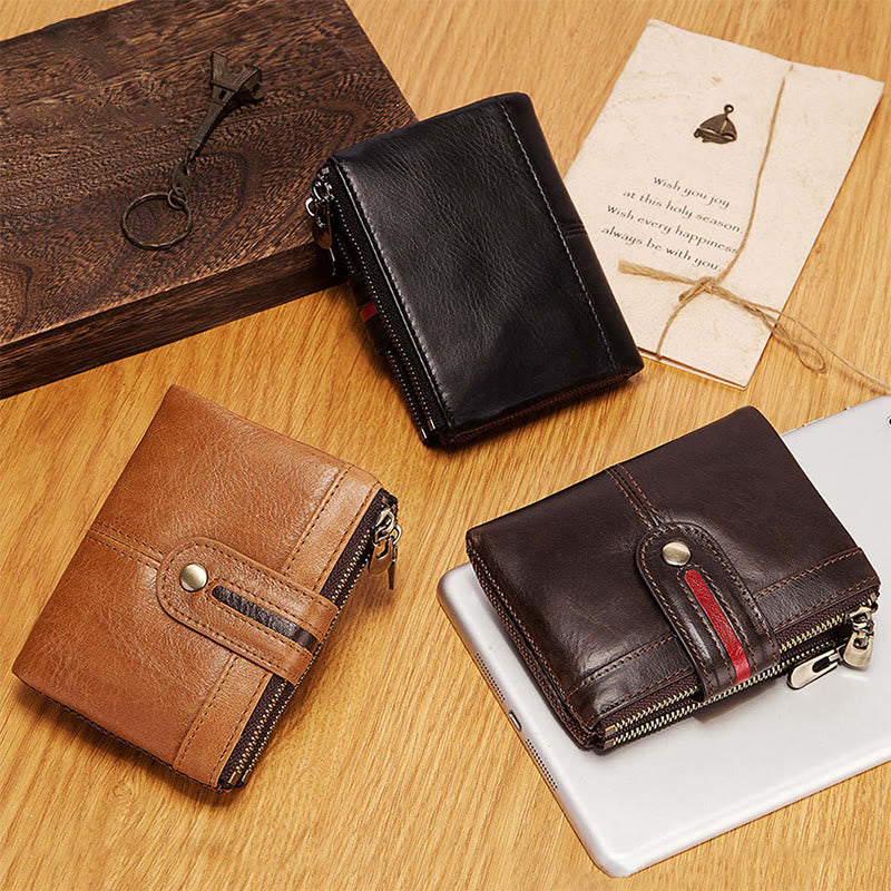 Bifold RFID Blocking Cow Leather Wallet with Double Zip Pocket