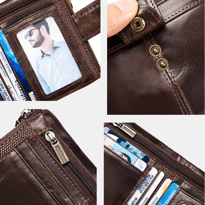 Bifold RFID Blocking Cow Leather Wallet with Double Zip Pocket