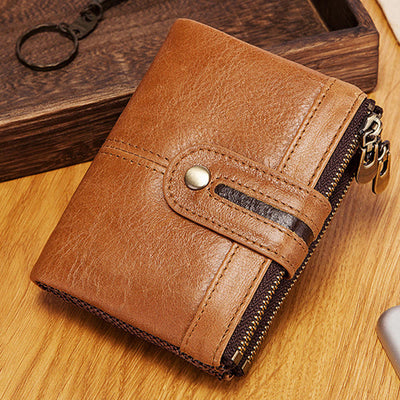 Bifold RFID Blocking Cow Leather Wallet with Double Zip Pocket