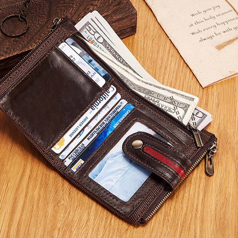 Bifold RFID Blocking Cow Leather Wallet with Double Zip Pocket