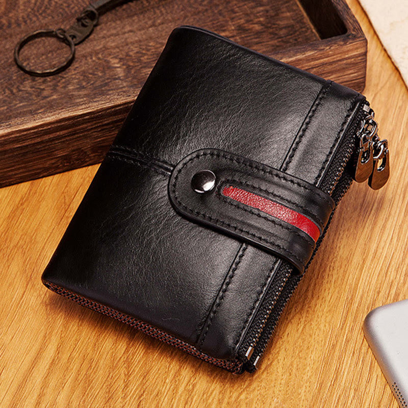 Bifold RFID Blocking Cow Leather Wallet with Double Zip Pocket