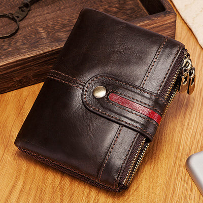 Bifold RFID Blocking Cow Leather Wallet with Double Zip Pocket