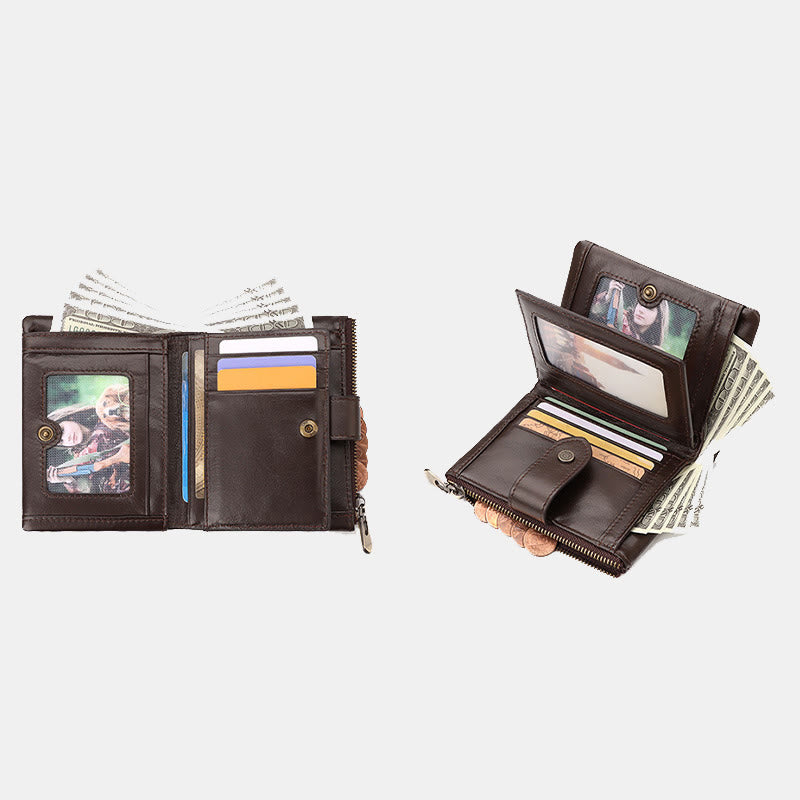 RFID Blocking Cowhide Leather Trifold Wallet with Detachable Card Holder