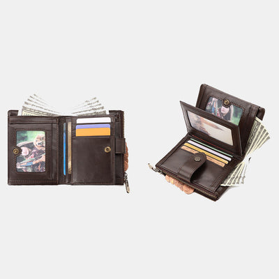 RFID Blocking Cowhide Leather Trifold Wallet with Detachable Card Holder