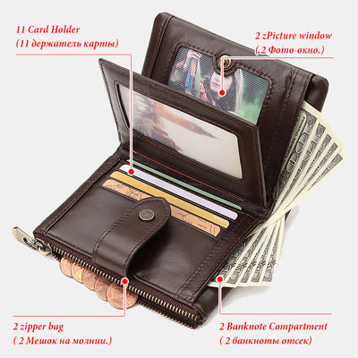 RFID Blocking Cowhide Leather Trifold Wallet with Detachable Card Holder