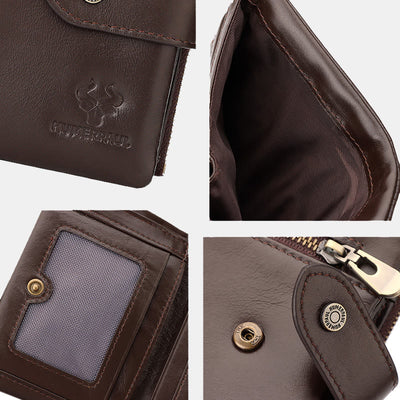 RFID Blocking Cowhide Leather Trifold Wallet with Detachable Card Holder