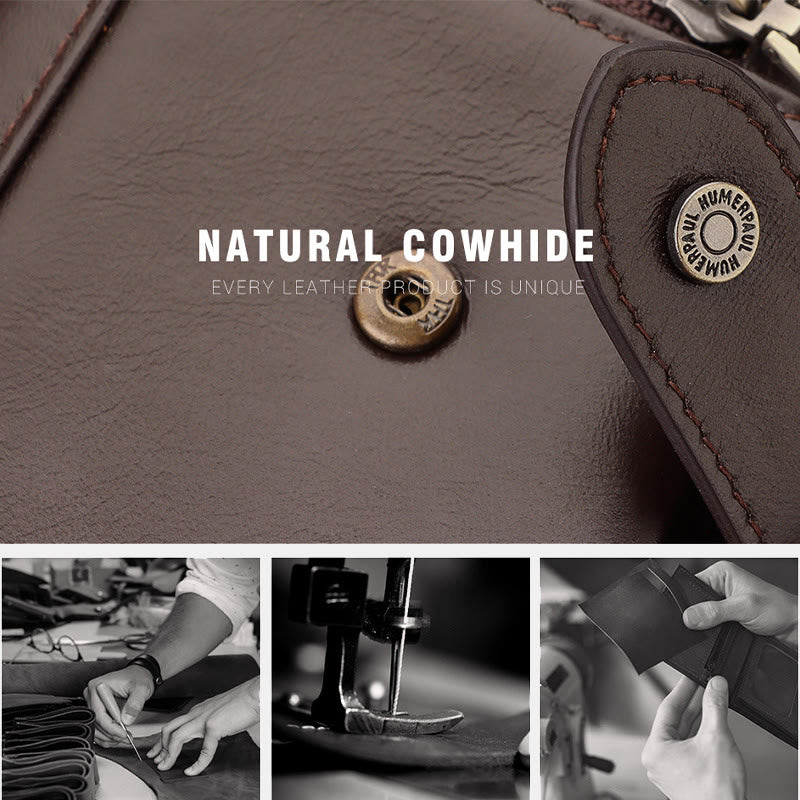 RFID Blocking Cowhide Leather Trifold Wallet with Detachable Card Holder