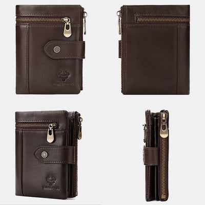 RFID Blocking Cowhide Leather Trifold Wallet with Detachable Card Holder