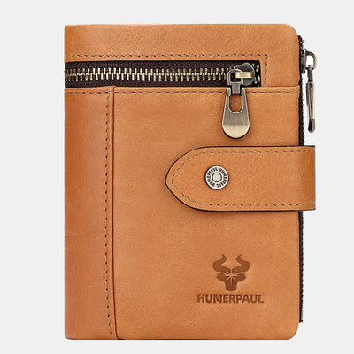 RFID Blocking Cowhide Leather Trifold Wallet with Detachable Card Holder