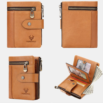 RFID Blocking Cowhide Leather Trifold Wallet with Detachable Card Holder