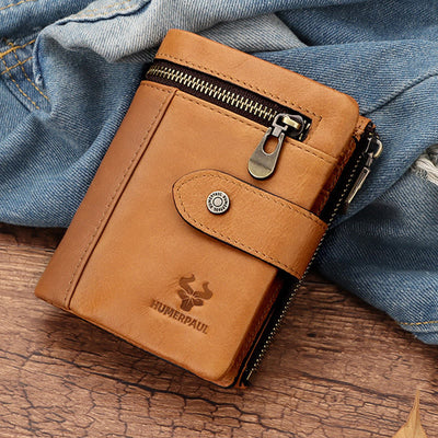 RFID Blocking Cowhide Leather Trifold Wallet with Detachable Card Holder