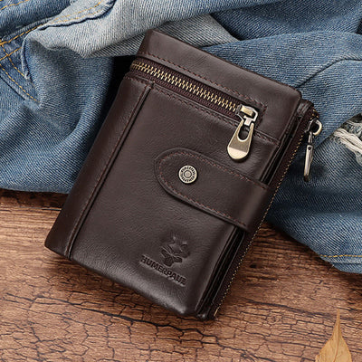 RFID Blocking Cowhide Leather Trifold Wallet with Detachable Card Holder