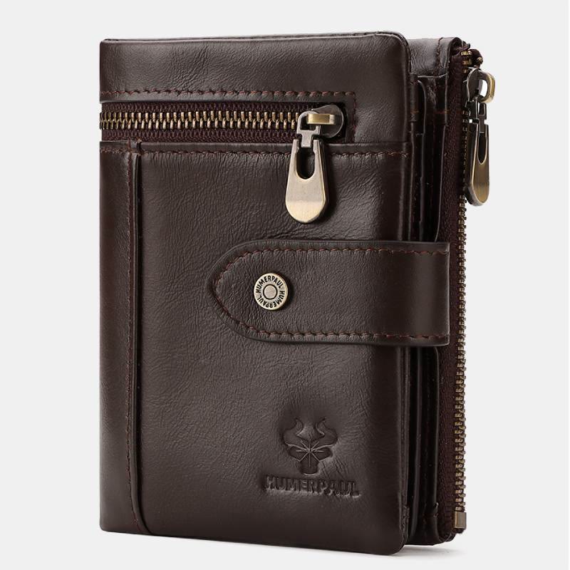 RFID Blocking Cowhide Leather Trifold Wallet with Detachable Card Holder