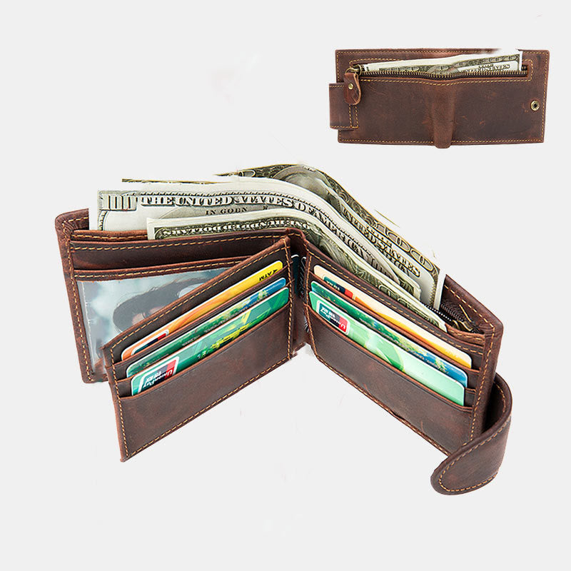 Retro Trifold Buckle Wallet for Men Cowhide Leather Coin Purse