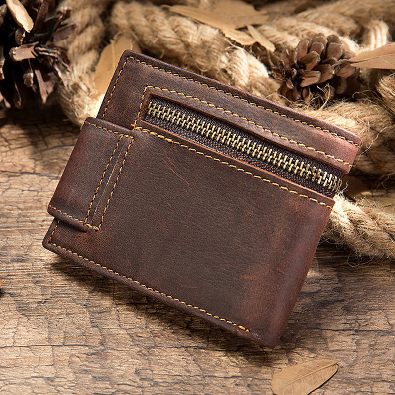 Retro Trifold Buckle Wallet for Men Cowhide Leather Coin Purse