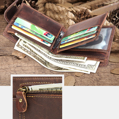 Retro Trifold Buckle Wallet for Men Cowhide Leather Coin Purse