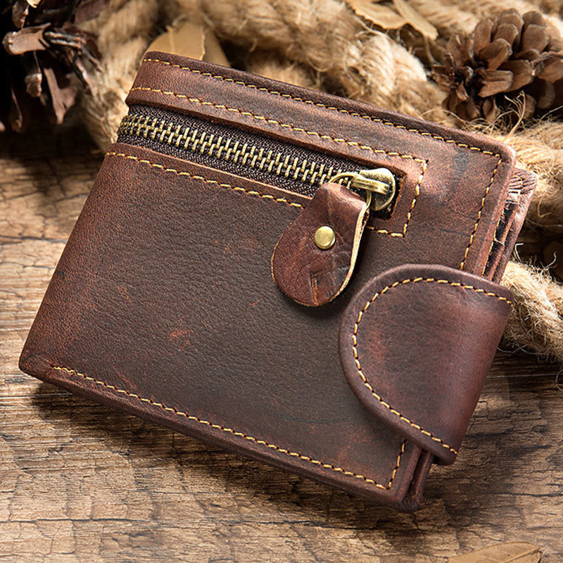 Retro Trifold Buckle Wallet for Men Cowhide Leather Coin Purse