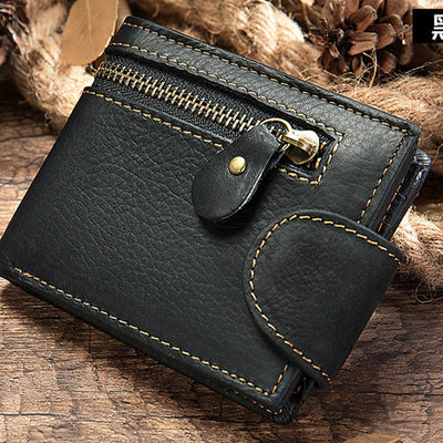 Retro Trifold Buckle Wallet for Men Cowhide Leather Coin Purse