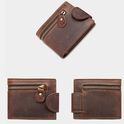 Retro Trifold Buckle Wallet for Men Cowhide Leather Coin Purse