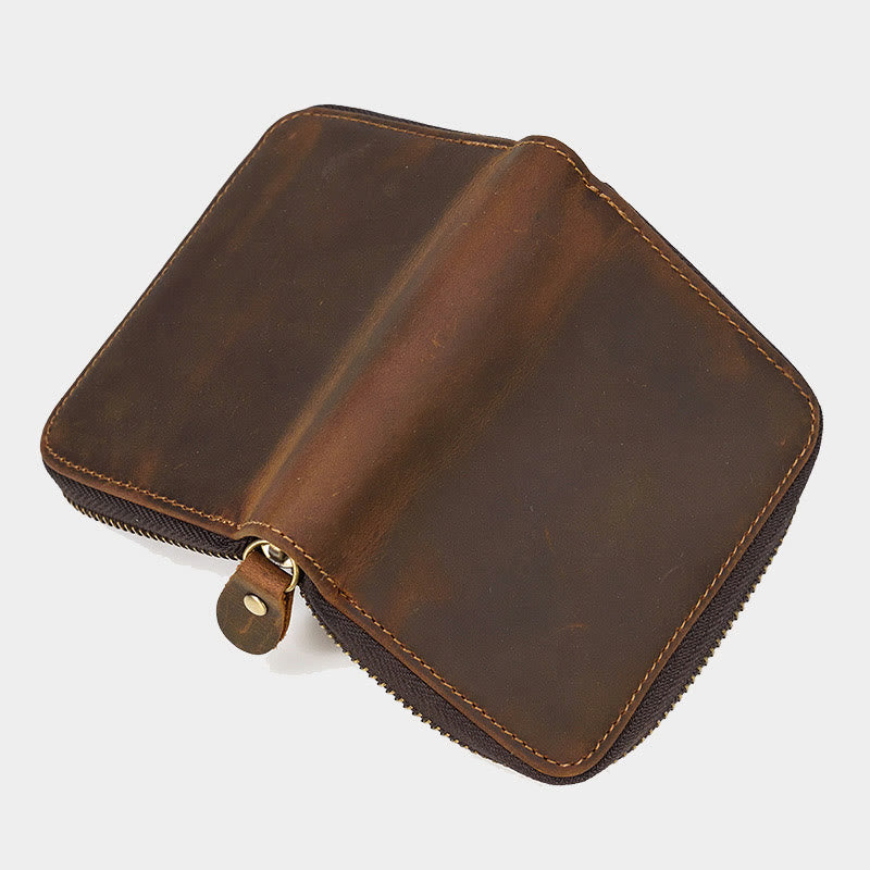 Cowhide Leather Trifold Zip Around Wallet Coin Purse Card Holder