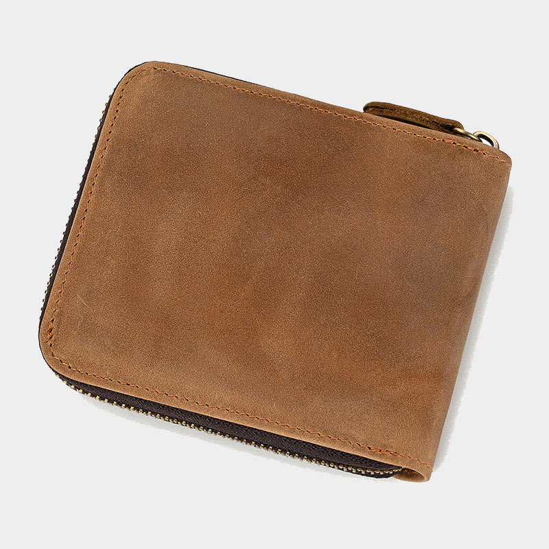 Cowhide Leather Trifold Zip Around Wallet Coin Purse Card Holder