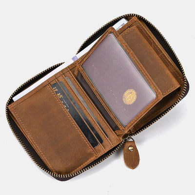 Cowhide Leather Trifold Zip Around Wallet Coin Purse Card Holder