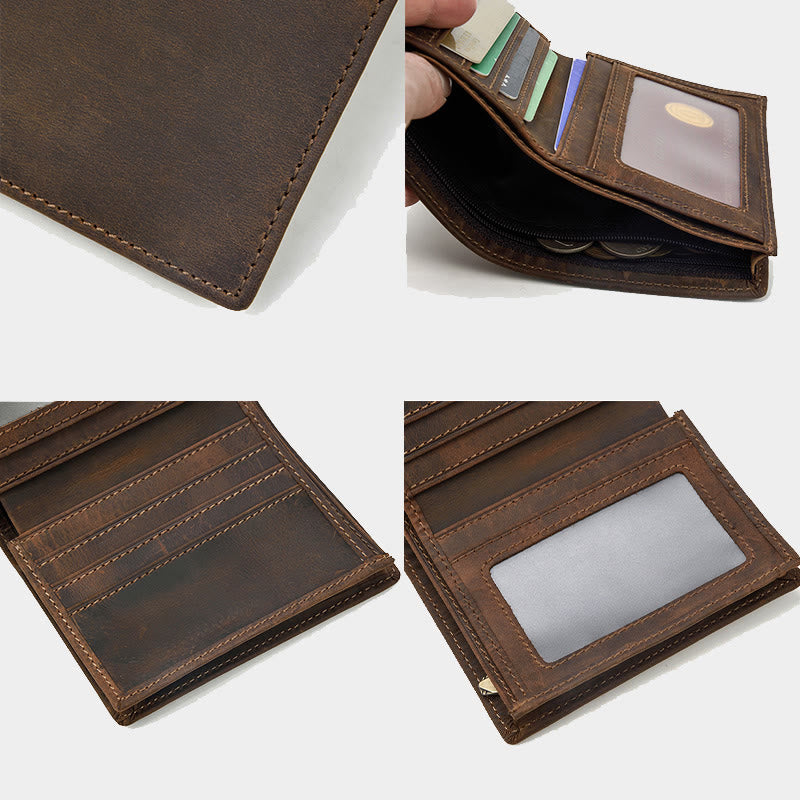 Retro Genuine Leather Bifold Wallet for Men with Zipper Pocket