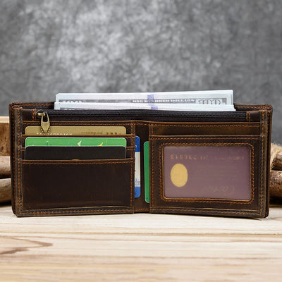 Retro Genuine Leather Bifold Wallet for Men with Zipper Pocket