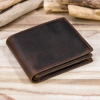 Retro Genuine Leather Bifold Wallet for Men with Zipper Pocket