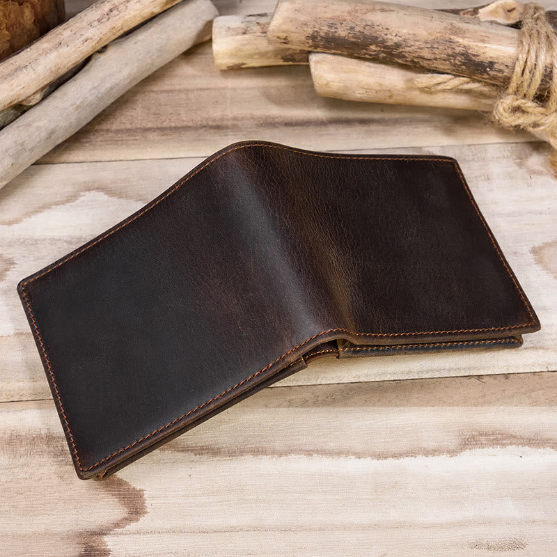 Retro Genuine Leather Bifold Wallet for Men with Zipper Pocket