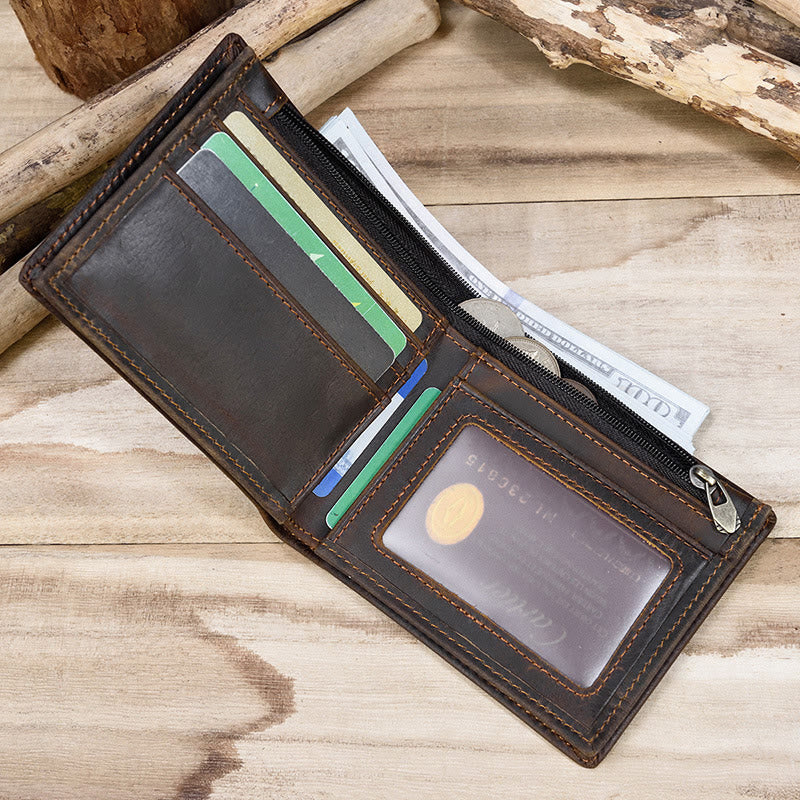 Retro Genuine Leather Bifold Wallet for Men with Zipper Pocket