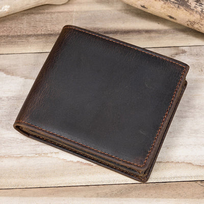 Retro Genuine Leather Bifold Wallet for Men with Zipper Pocket