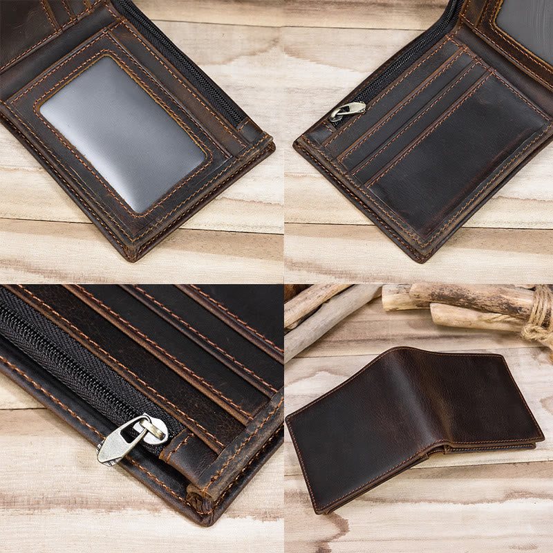 Retro Genuine Leather Bifold Wallet for Men with Zipper Pocket