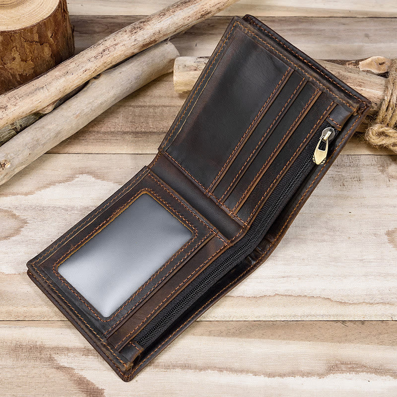 Retro Genuine Leather Bifold Wallet for Men with Zipper Pocket