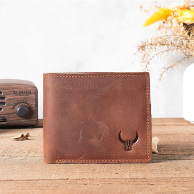 Handmade Crazy Horse Leather Bifold Wallet with Coin Pocket