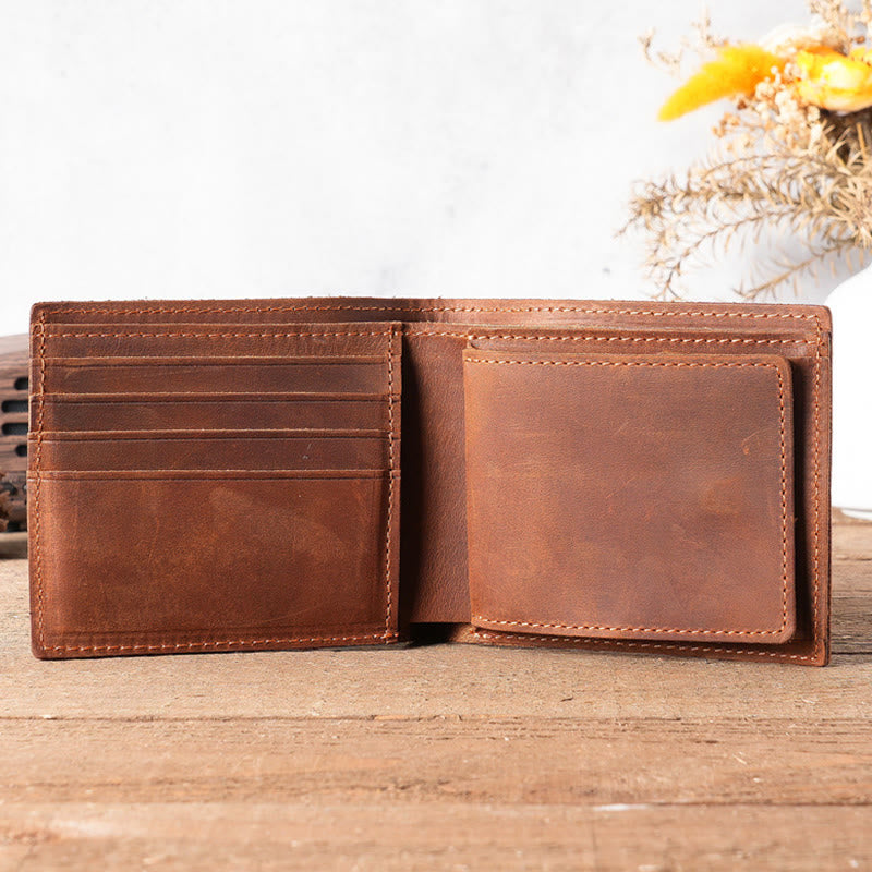 Handmade Crazy Horse Leather Bifold Wallet with Coin Pocket