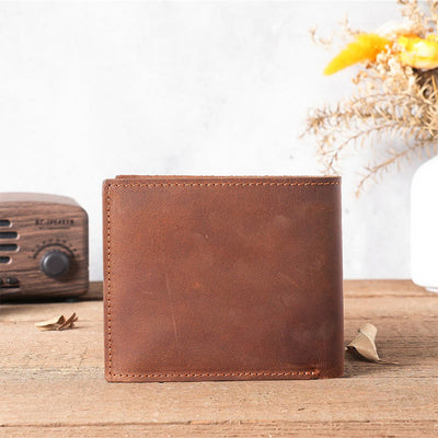 Handmade Crazy Horse Leather Bifold Wallet with Coin Pocket