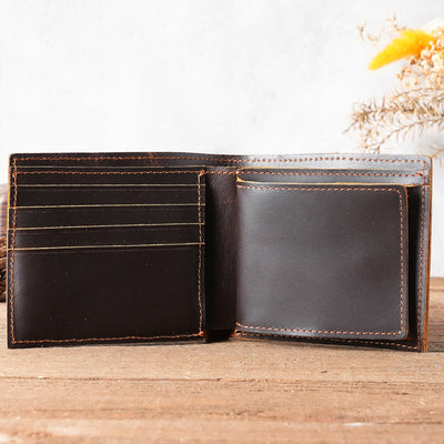 Handmade Crazy Horse Leather Bifold Wallet with Coin Pocket