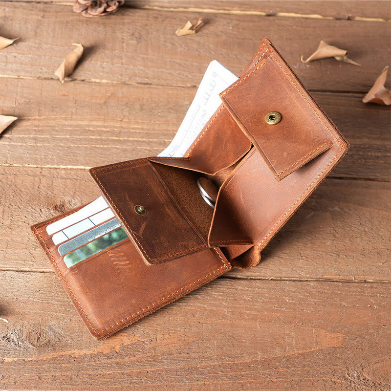 Handmade Crazy Horse Leather Bifold Wallet with Coin Pocket