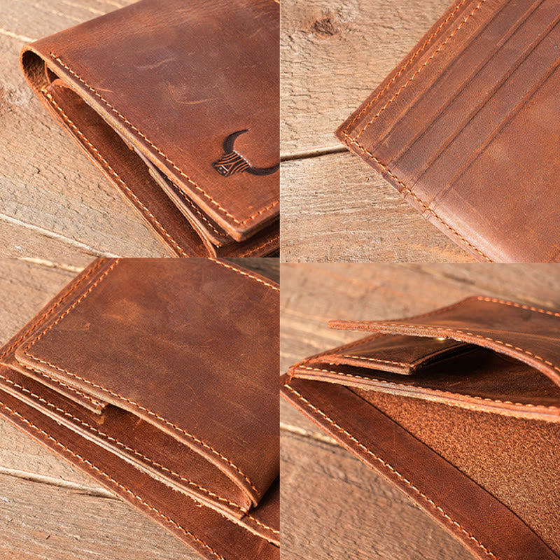 Handmade Crazy Horse Leather Bifold Wallet with Coin Pocket