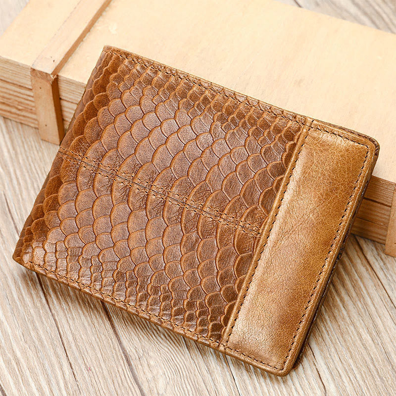 RFID Blocking Retro Genuine Leather Scale Pattern Trifold Wallet