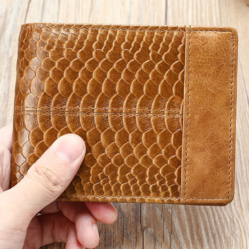 RFID Blocking Retro Genuine Leather Scale Pattern Trifold Wallet