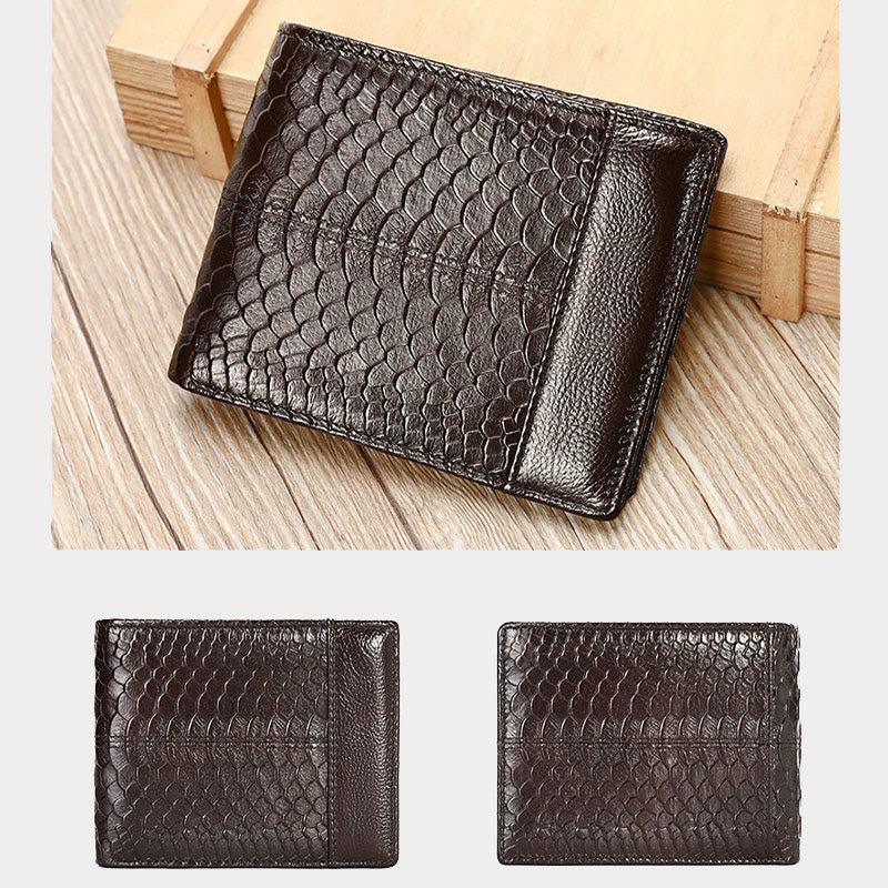 RFID Blocking Retro Genuine Leather Scale Pattern Trifold Wallet