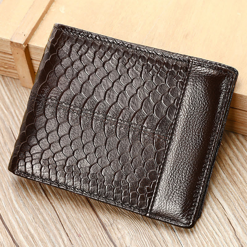 RFID Blocking Retro Genuine Leather Scale Pattern Trifold Wallet