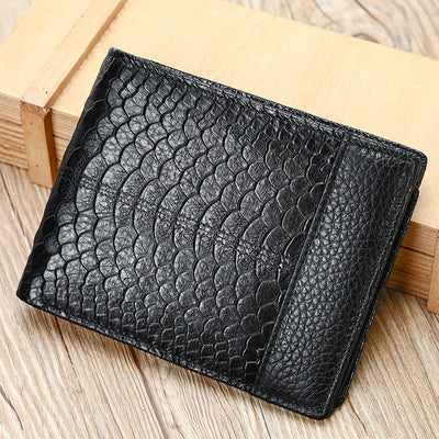 RFID Blocking Retro Genuine Leather Scale Pattern Trifold Wallet