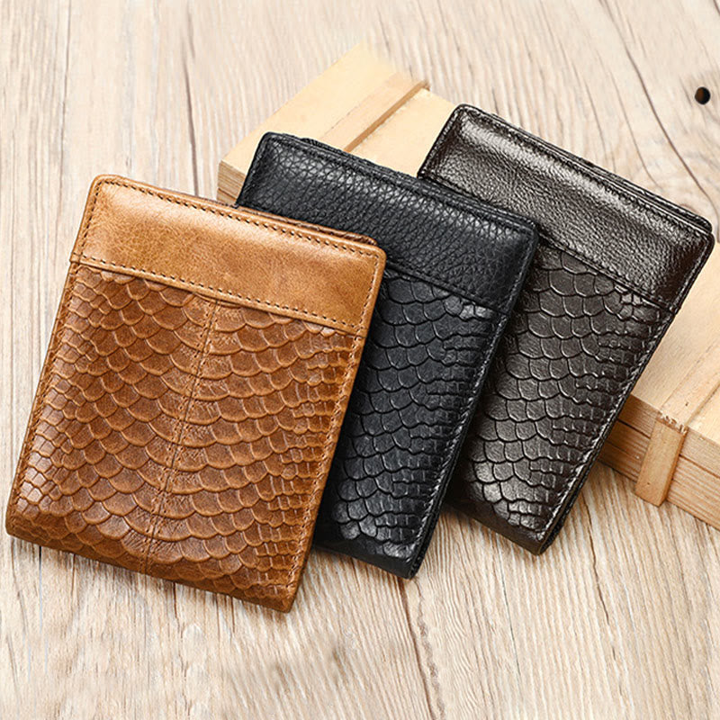 RFID Blocking Retro Genuine Leather Scale Pattern Trifold Wallet