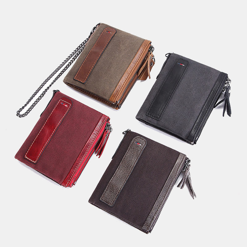 Retro Canvas Genuine Leather RFID Blocking Wallet with Double Zip Pocket